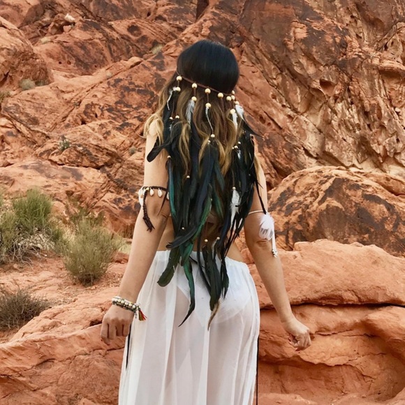 Boho Dark Green & Brown Feather Headdress - Picture 1 of 14